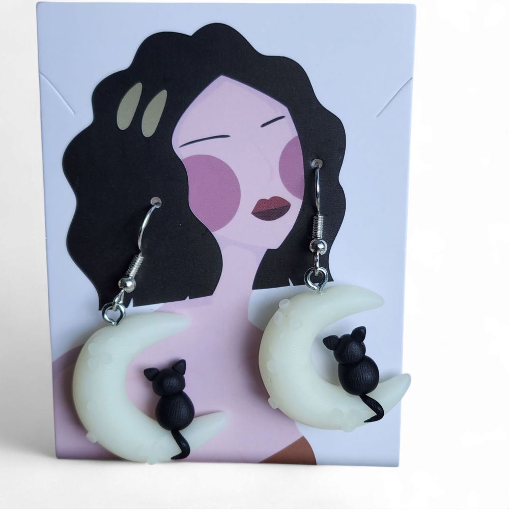 3/$25 Black Cat Crescent Moon Dangle Drop Earrings Whimsical Celestial Spooky